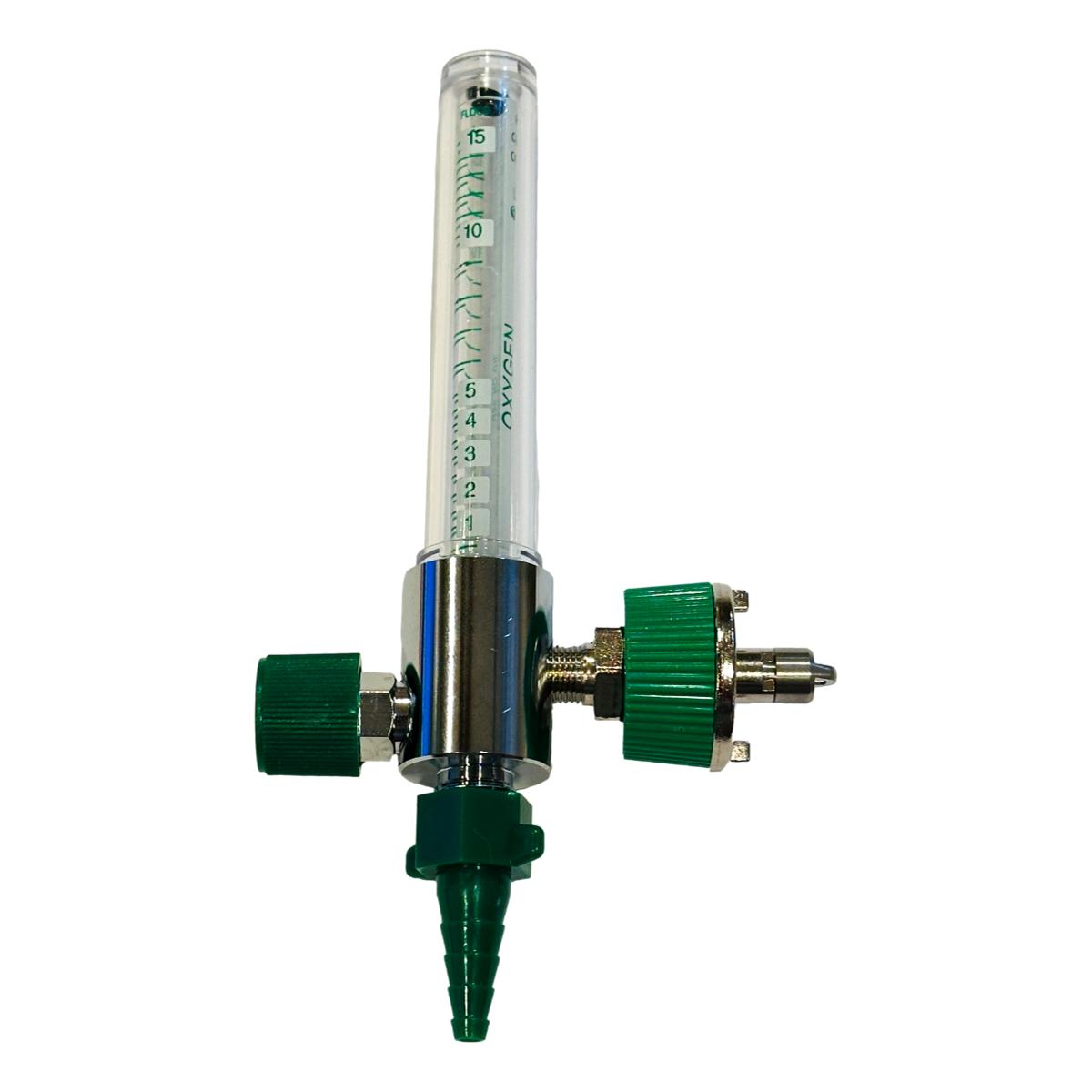 Medical O2 Flowmeter 0-15 LPM with O2 Ohmeda Quick Connect Inlet and Green Hose Barb Outlet
