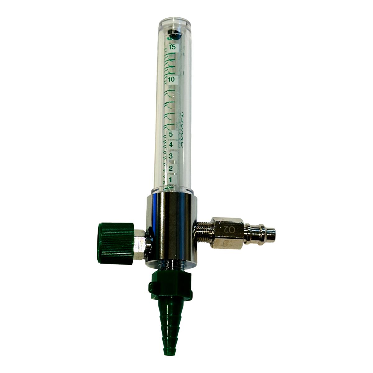 Medical O2 Flowmeter 0-15 LPM with O2 Puritan Bennett Quick Connect Inlet and Green Hose Barb